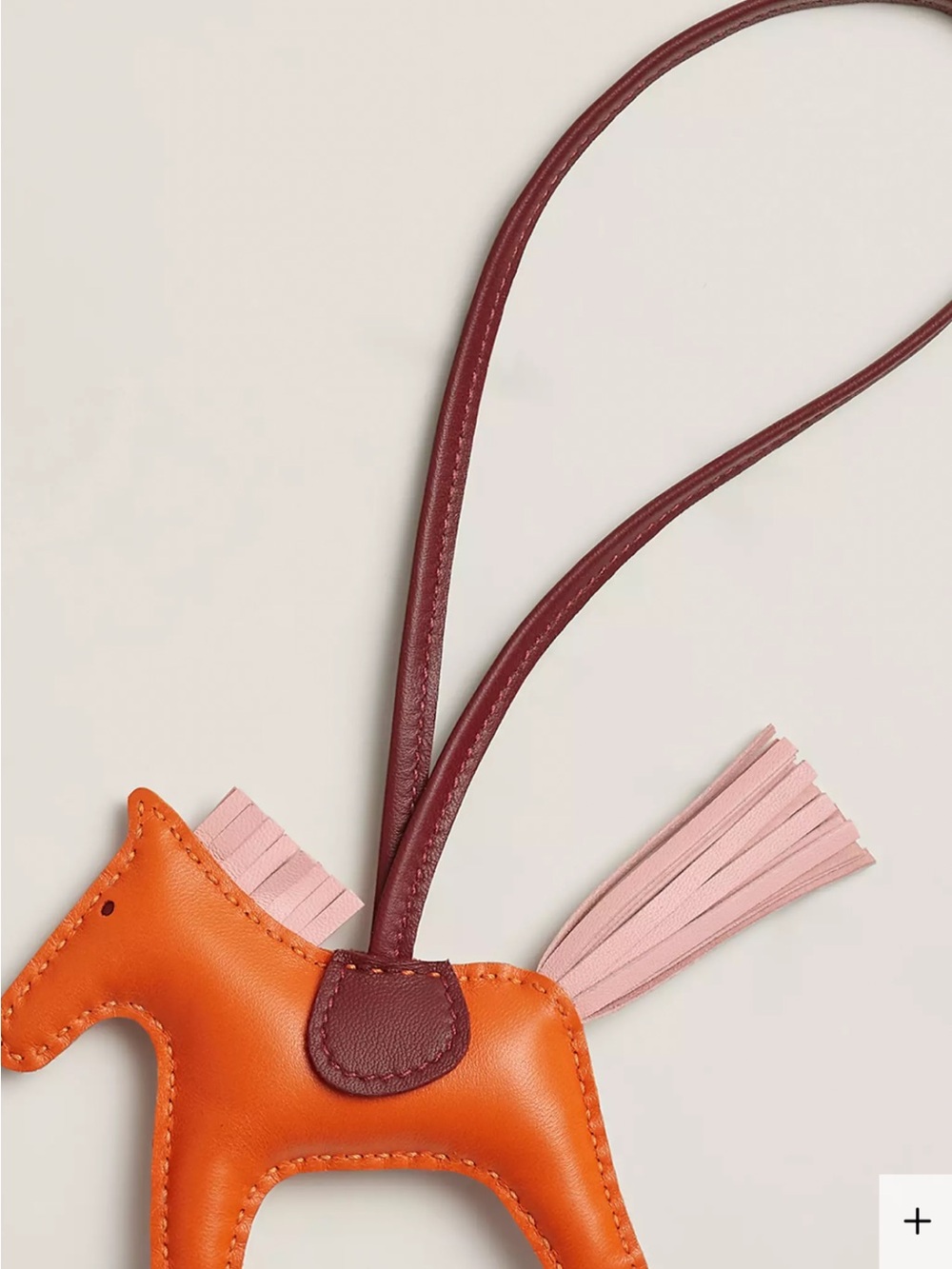 Hermes Orange Leather Horse Charm with Pink Tassel and Burgundy Strap